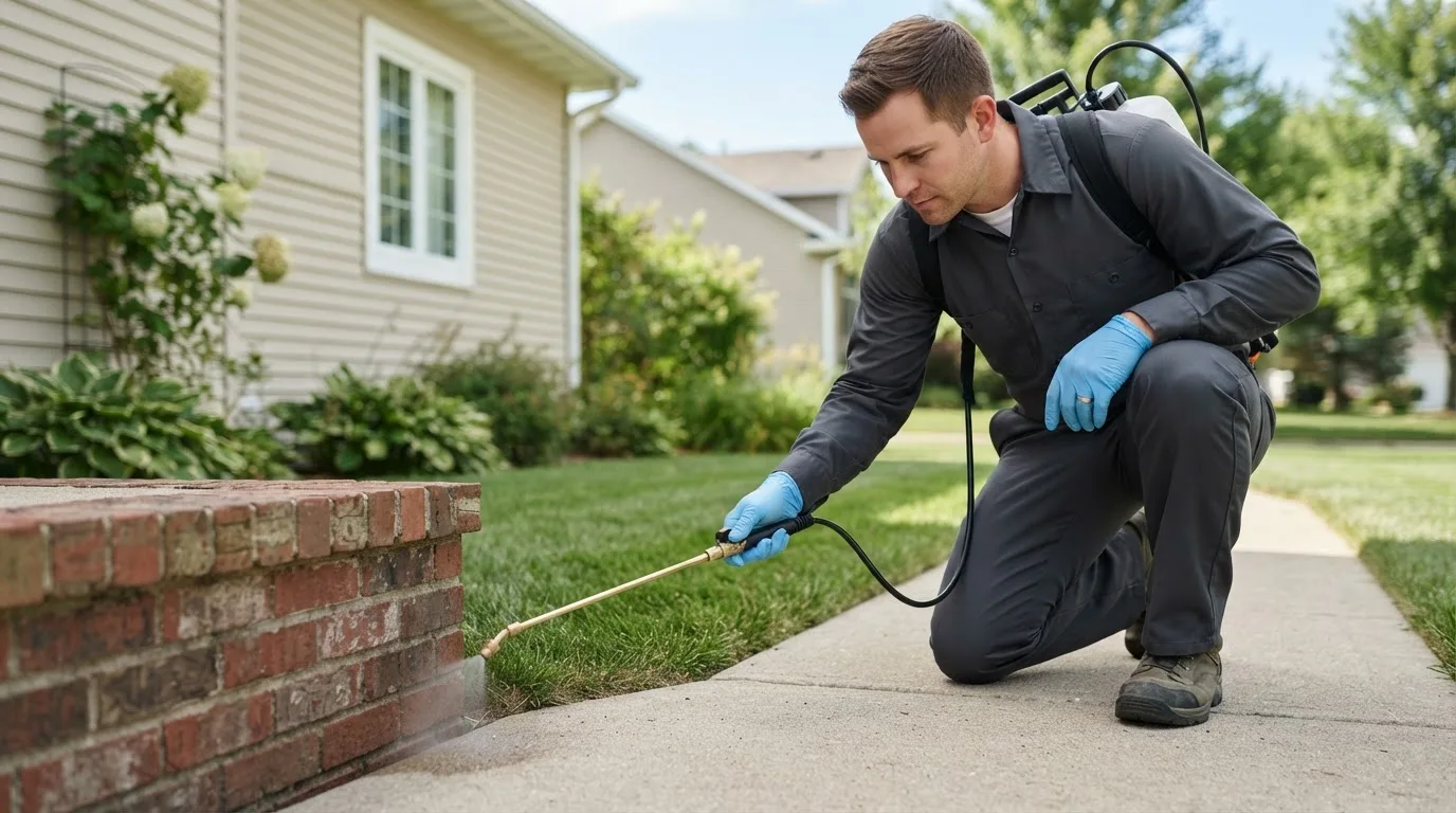 Pest control technician treating a home near Farmdale, OH