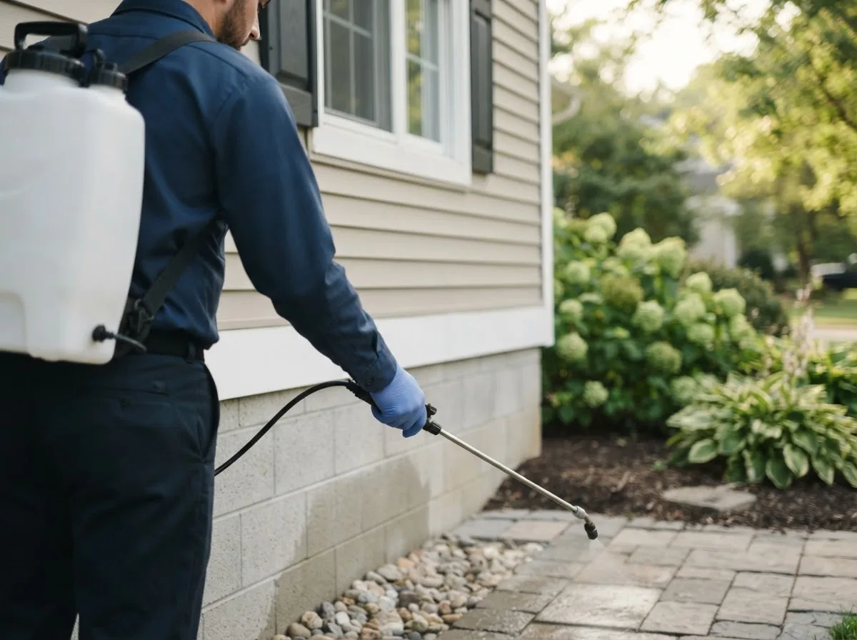 Pest control technician inspecting a home in Farmdale, OH